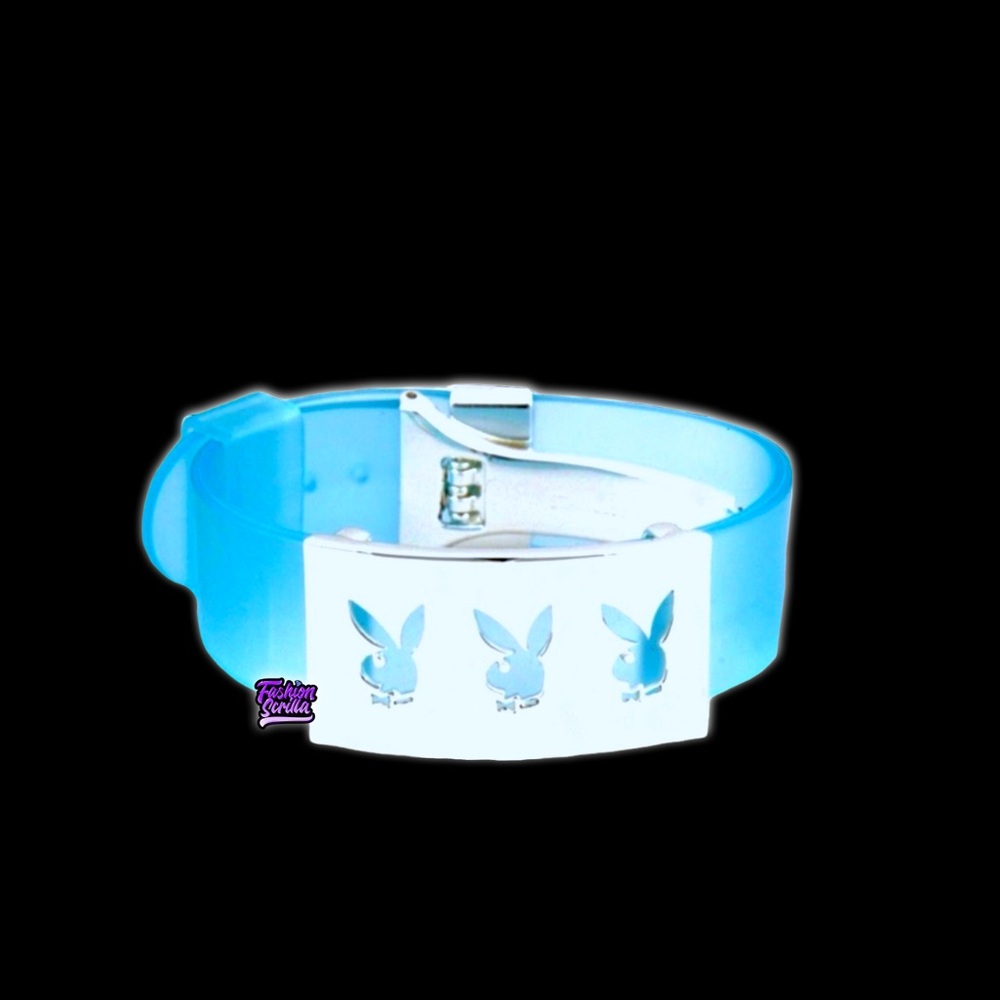 PLAYBOY Vintage Silver Bunny Logo Charm Blue Jelly Cuff Bracelet